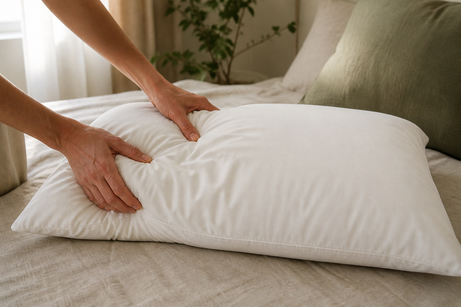 Hands gently massaging uneven fill through the fully closed shell of a white pillow