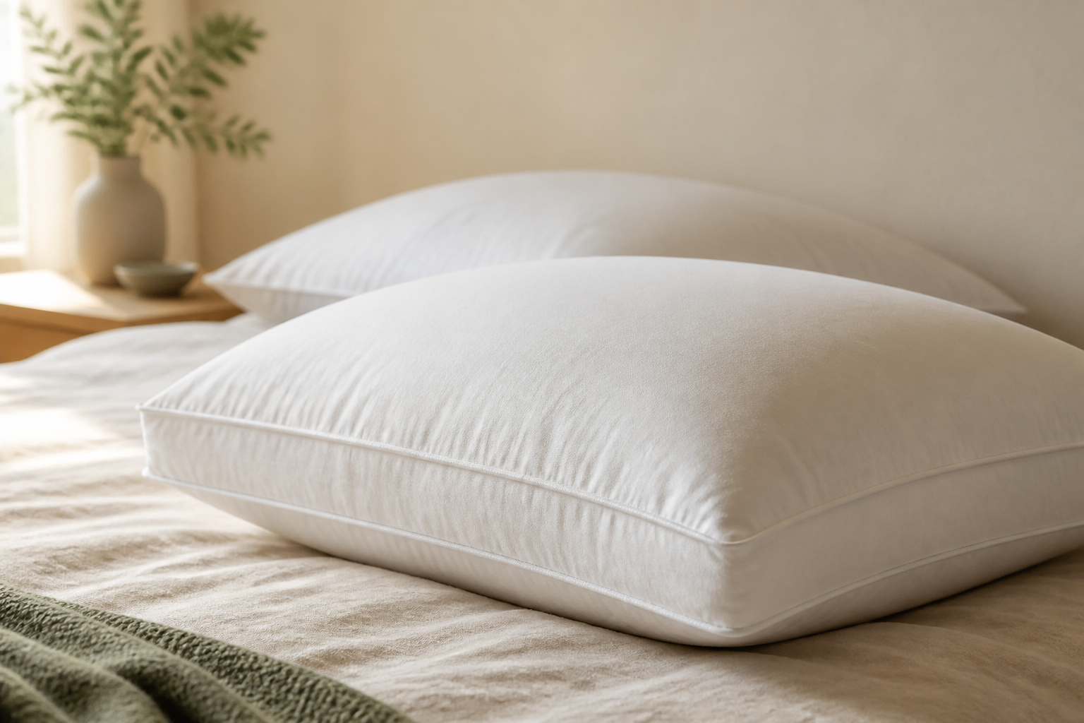 White gusseted pillow with a clearly visible fabric side panel on a warm neutral bed