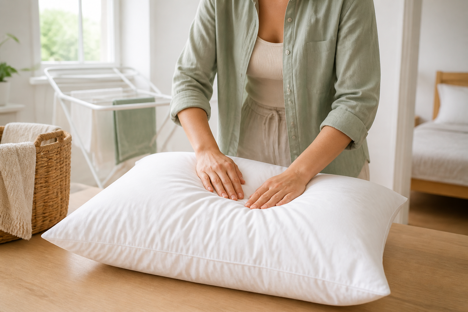 Person pressing the center of a clean pillow to check whether it is fully dry after washing