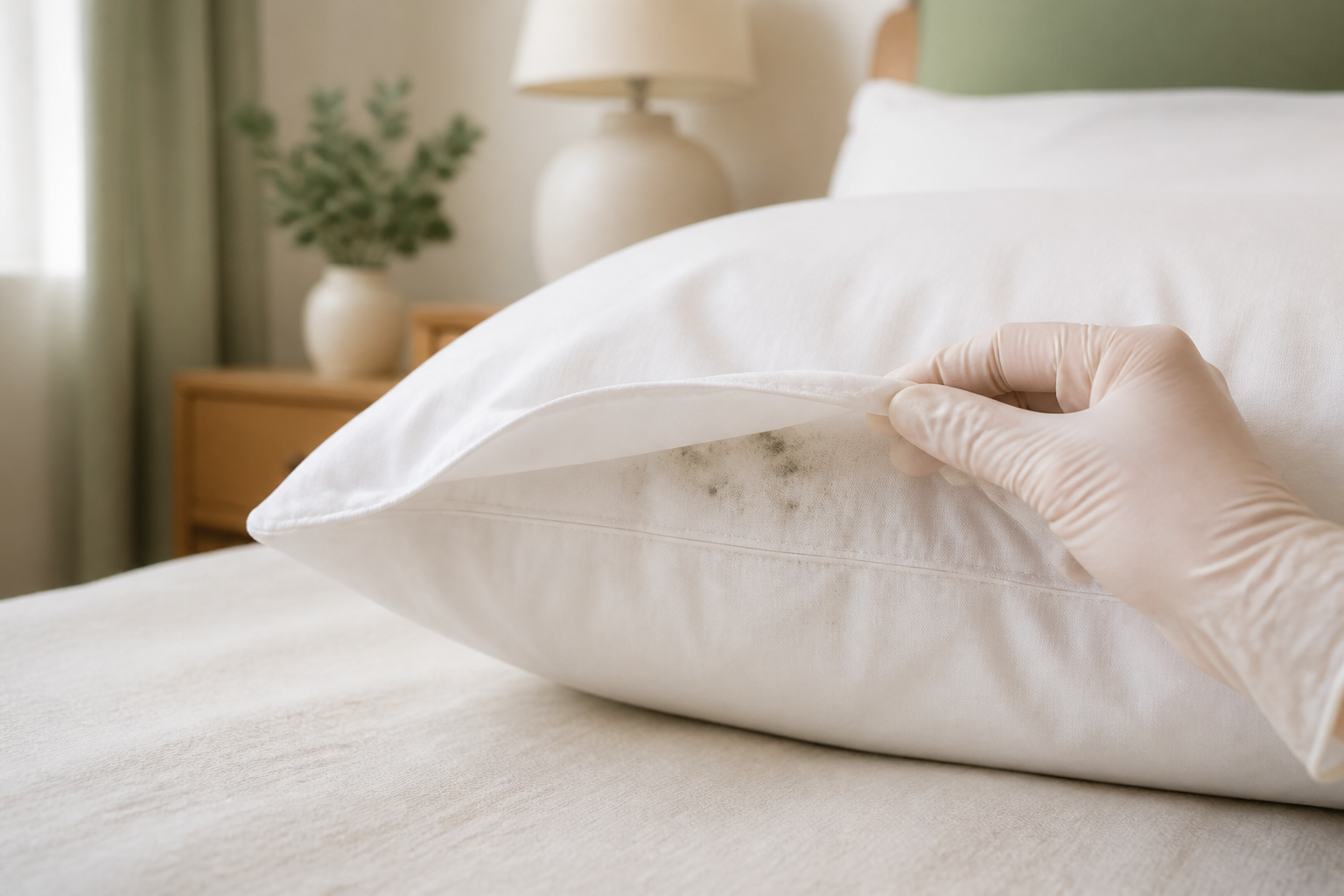 Gloved hand inspecting small suspicious spots along the seam of a white pillow