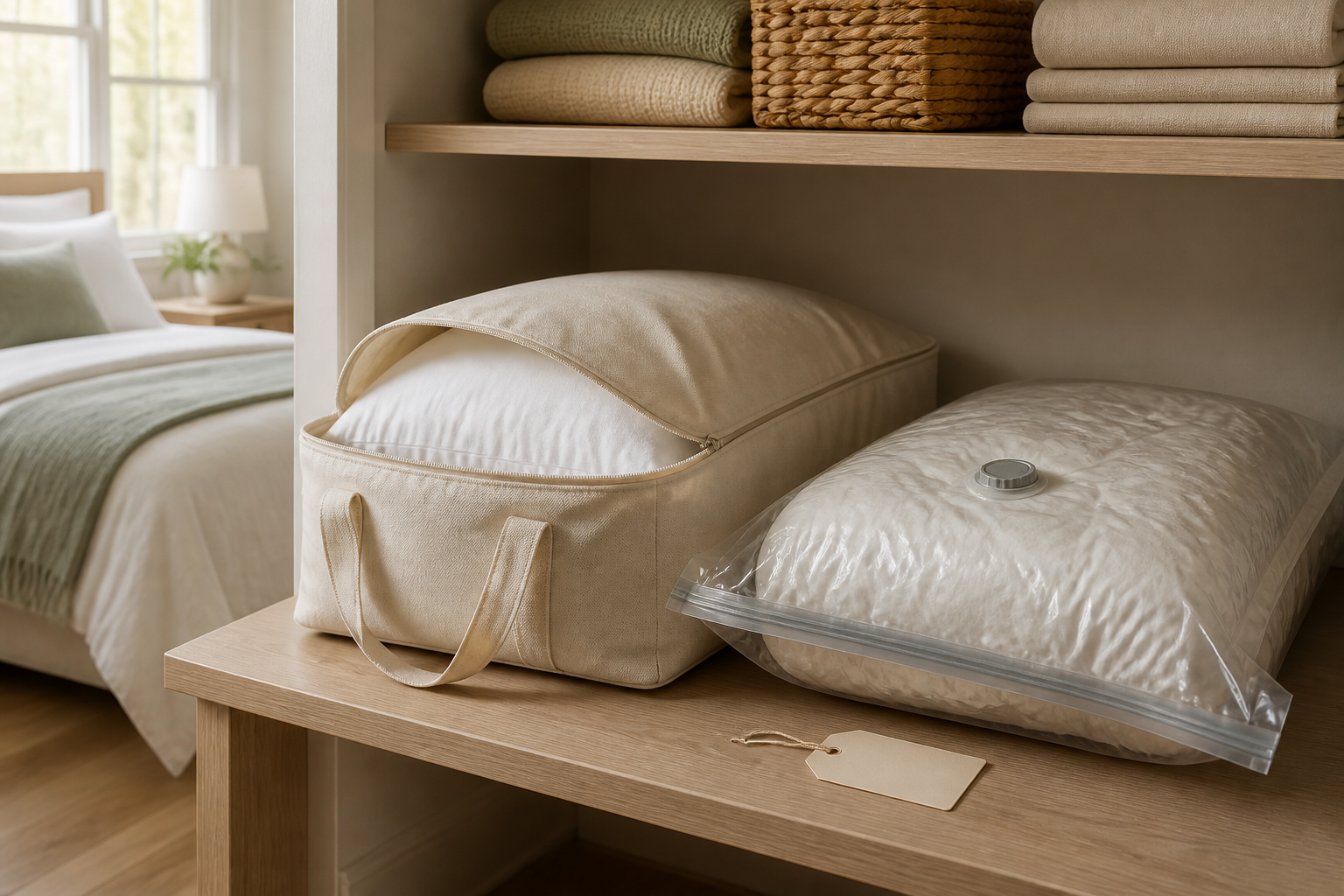 A fluffy pillow in a beige breathable storage bag beside a synthetic pillow in a clear vacuum bag