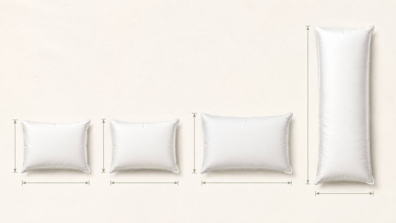 Four pillow silhouettes comparing standard, queen, king and body-pillow proportions