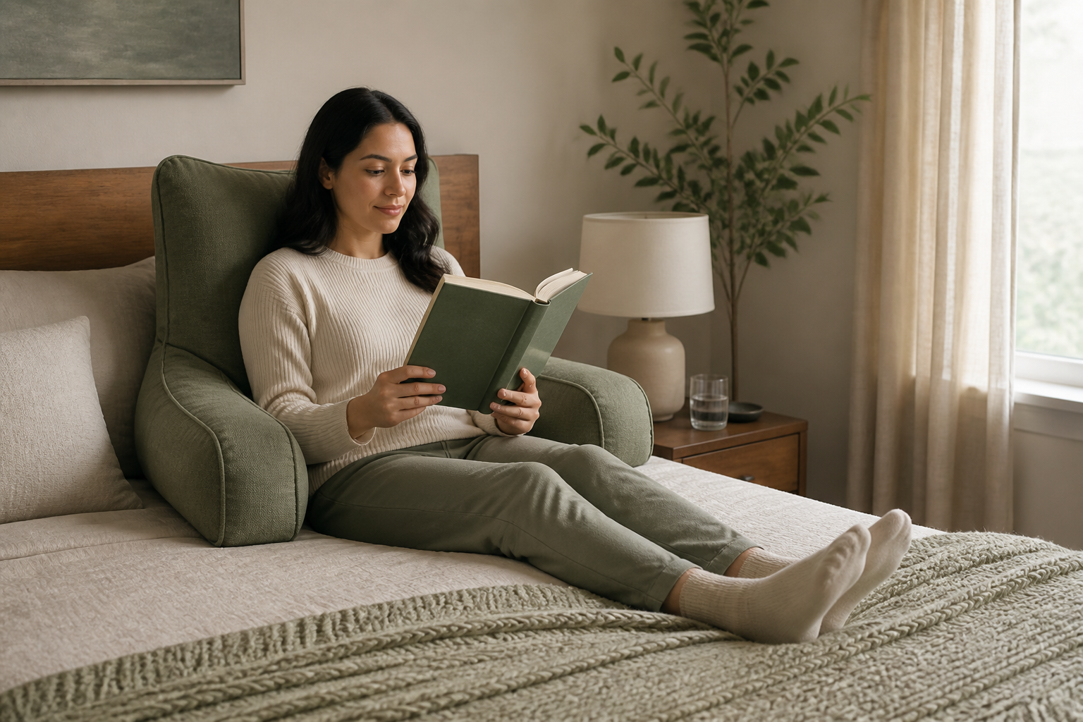 Reader sitting upright in bed with a tall green reading pillow supporting the back and arms