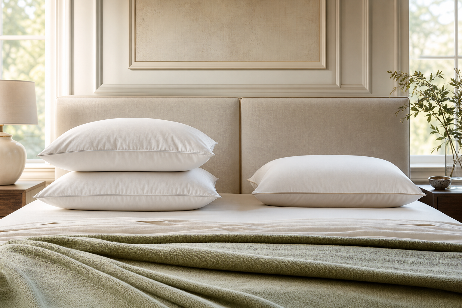 Two thick pillows stacked beside one lower supportive pillow on a calm bed