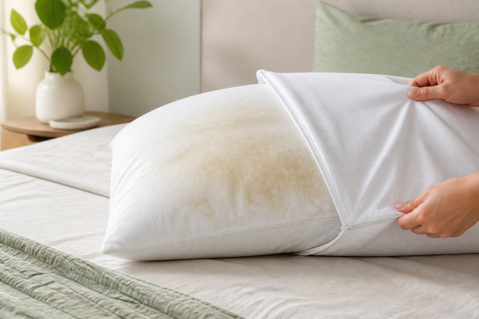 Clean zippered protector being fitted over a white pillow with mild yellow staining