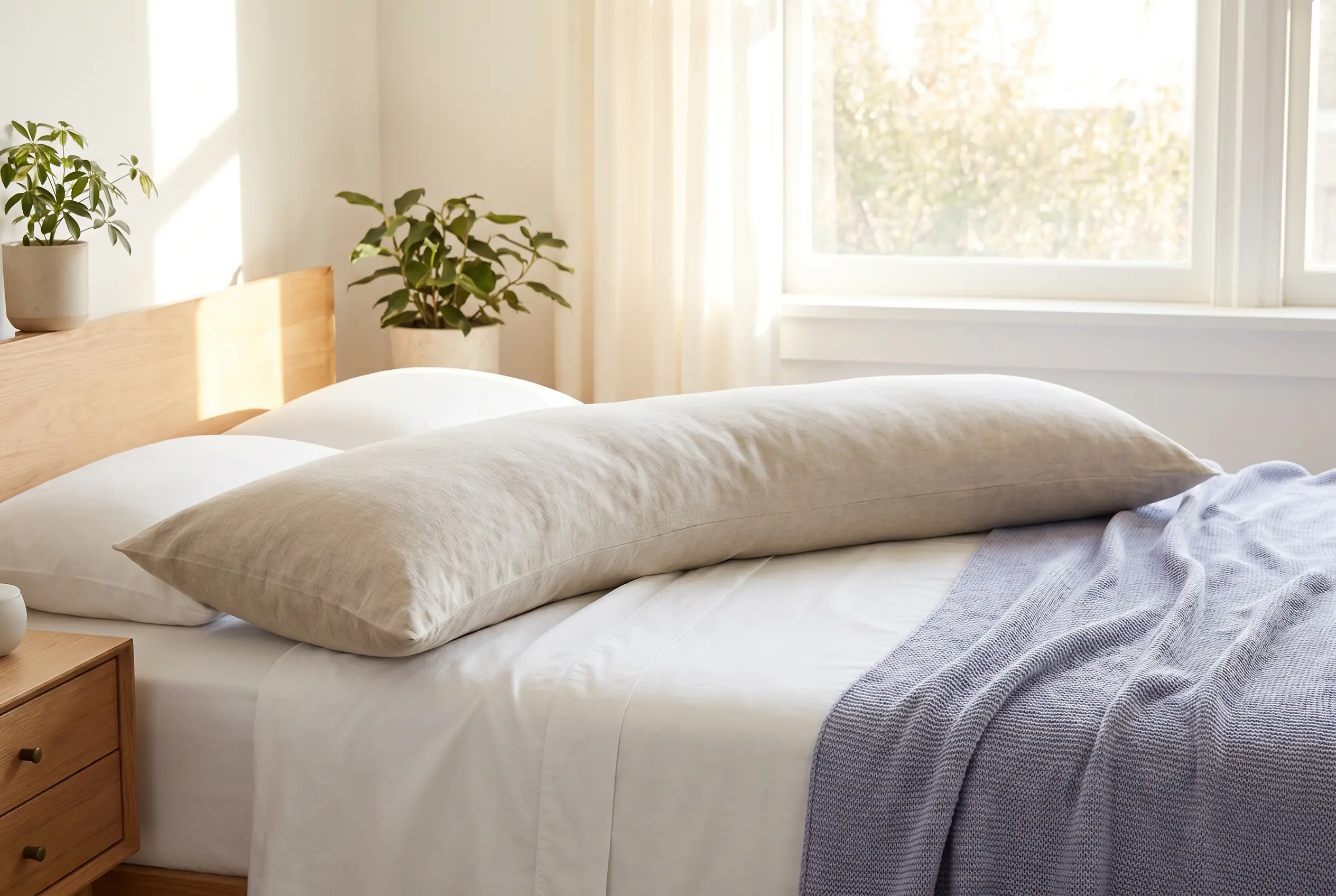 Long body pillow curved gently along a bed to support multiple body zones
