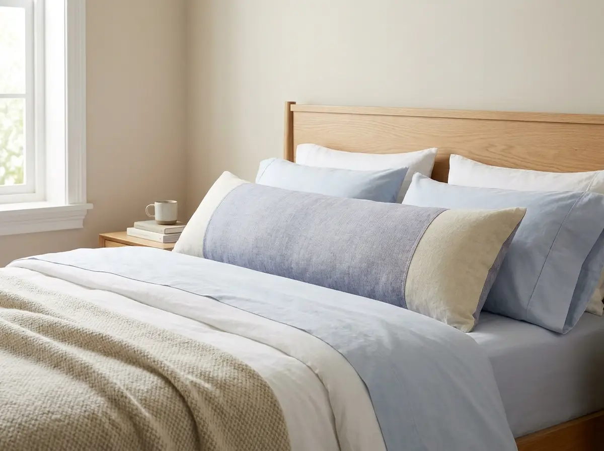 Een lang lichaamskussen langs de zijkant van een opgemaakt bed.