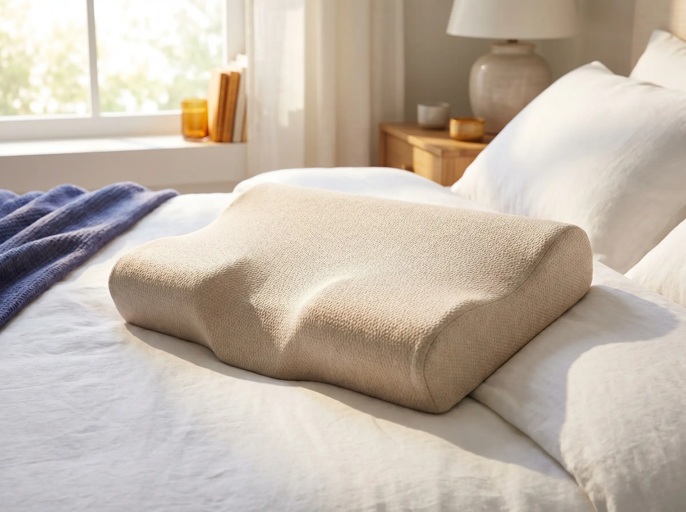 Ergonomisch gevormd hoofdkussen op een bed