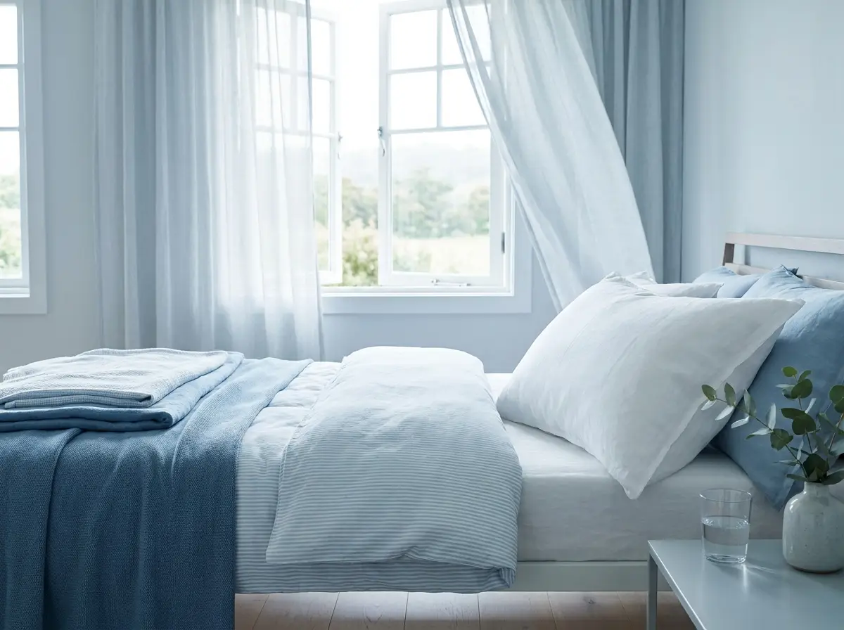 A crisp, cool white pillow on a neatly made bed in a bright, breezy bedroom.