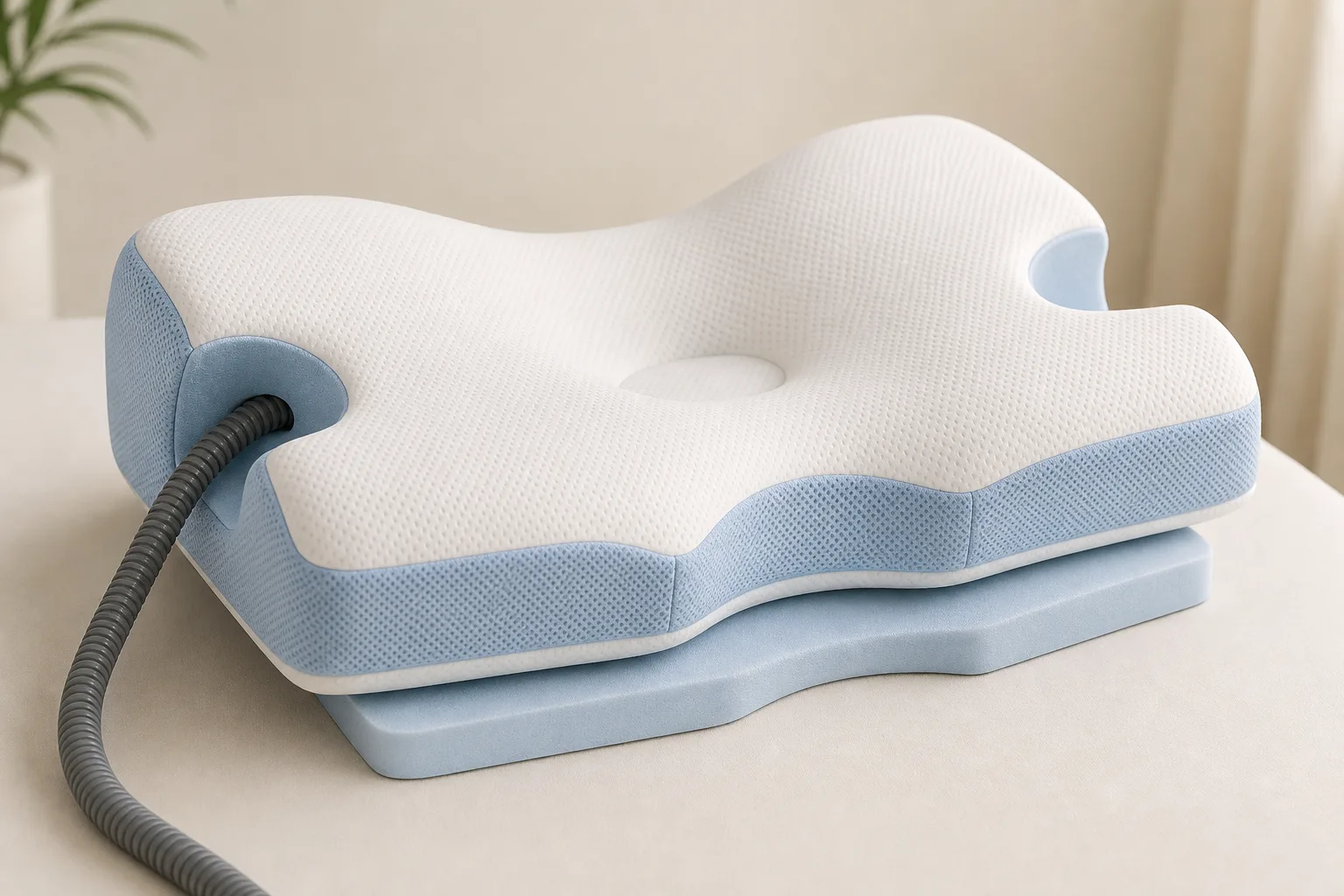 Illustratief CPAP-contourkussen met maskeruitsparingen, schoudercurve, slangruimte en verwijderbare hoogtelaag