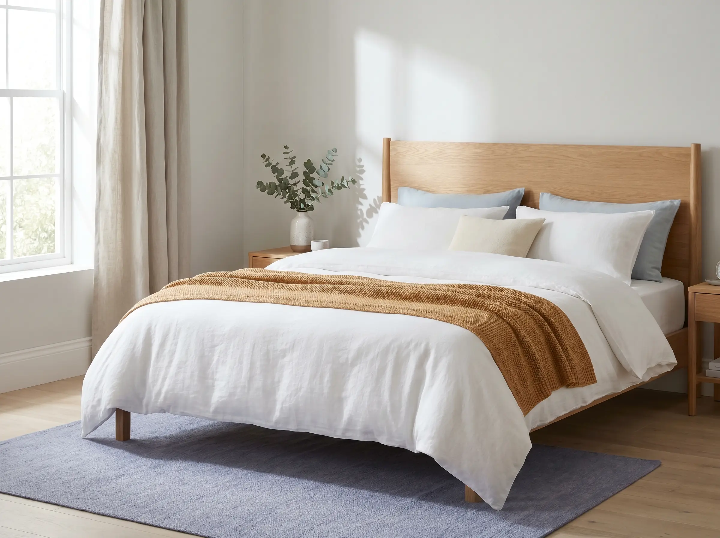 A serene bedroom with layered white pillows in soft morning light