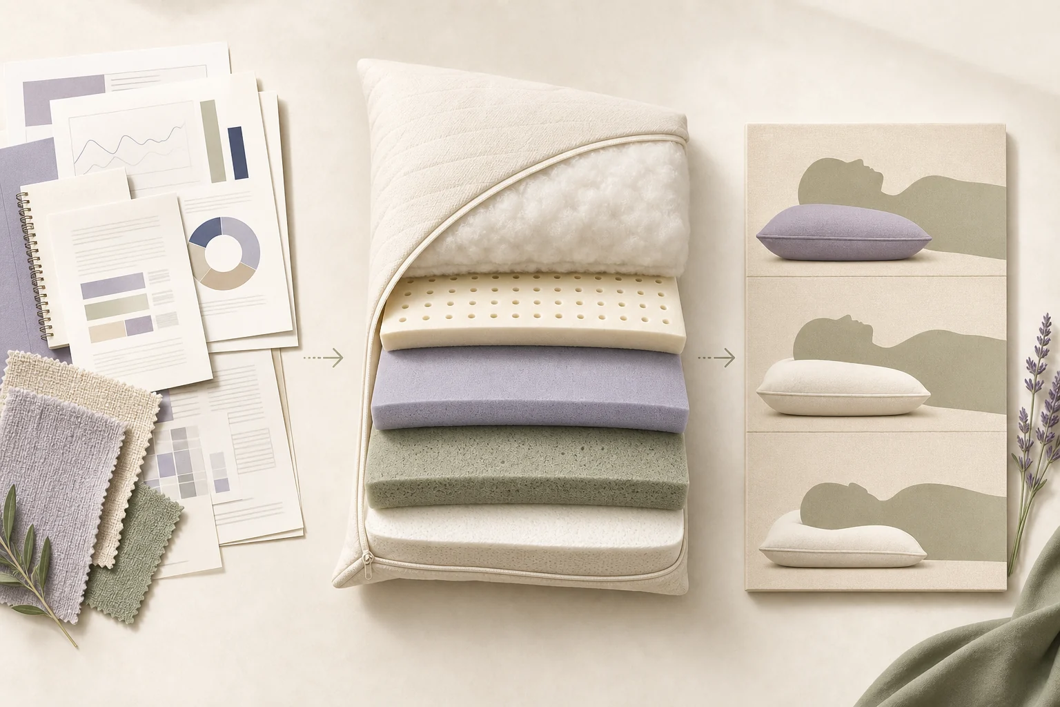 Editorial workflow from product sources to pillow construction analysis and sleep-position matching