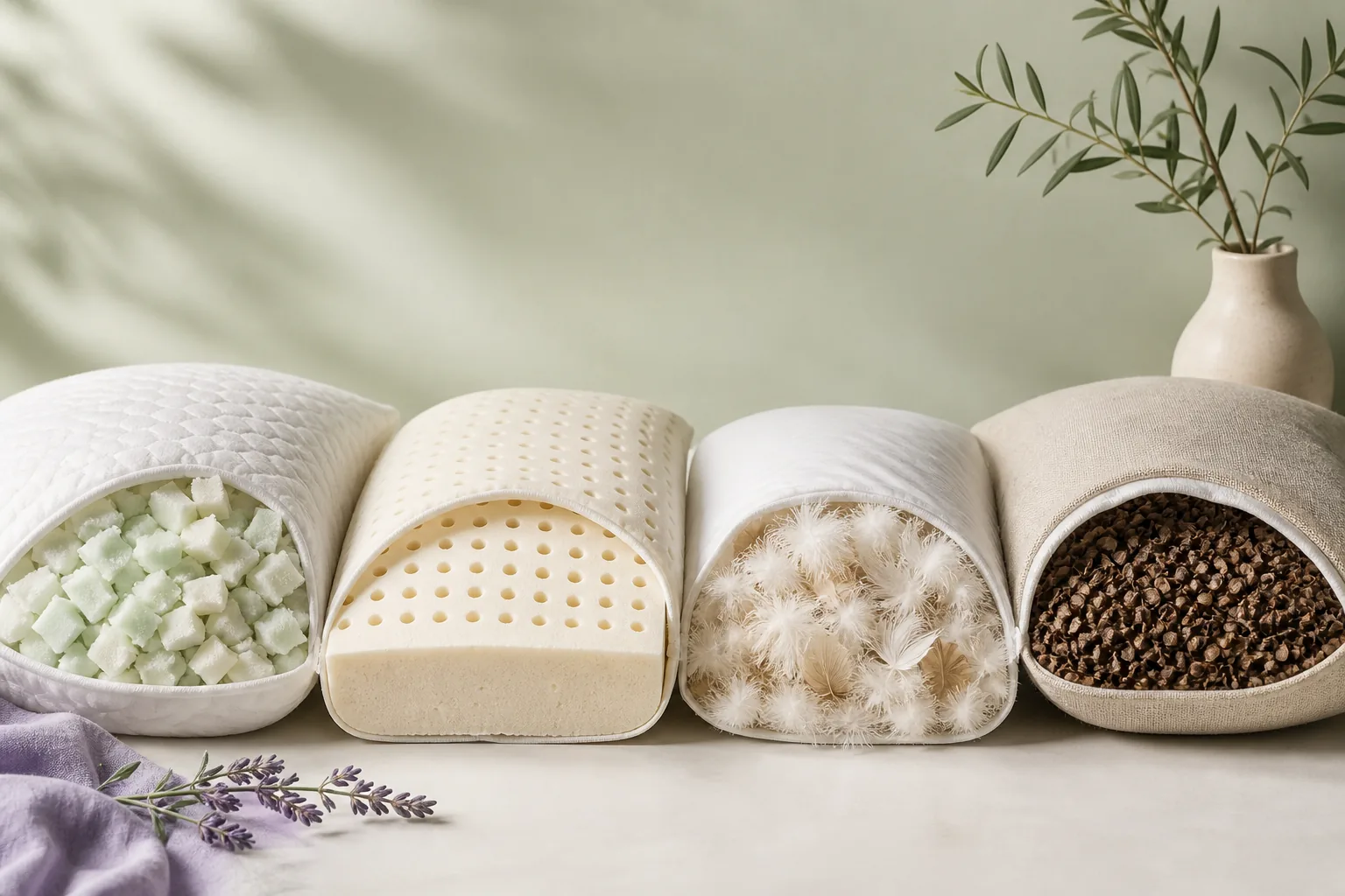 Cutaway comparison of solid foam, shredded fill, latex and fiber pillow constructions