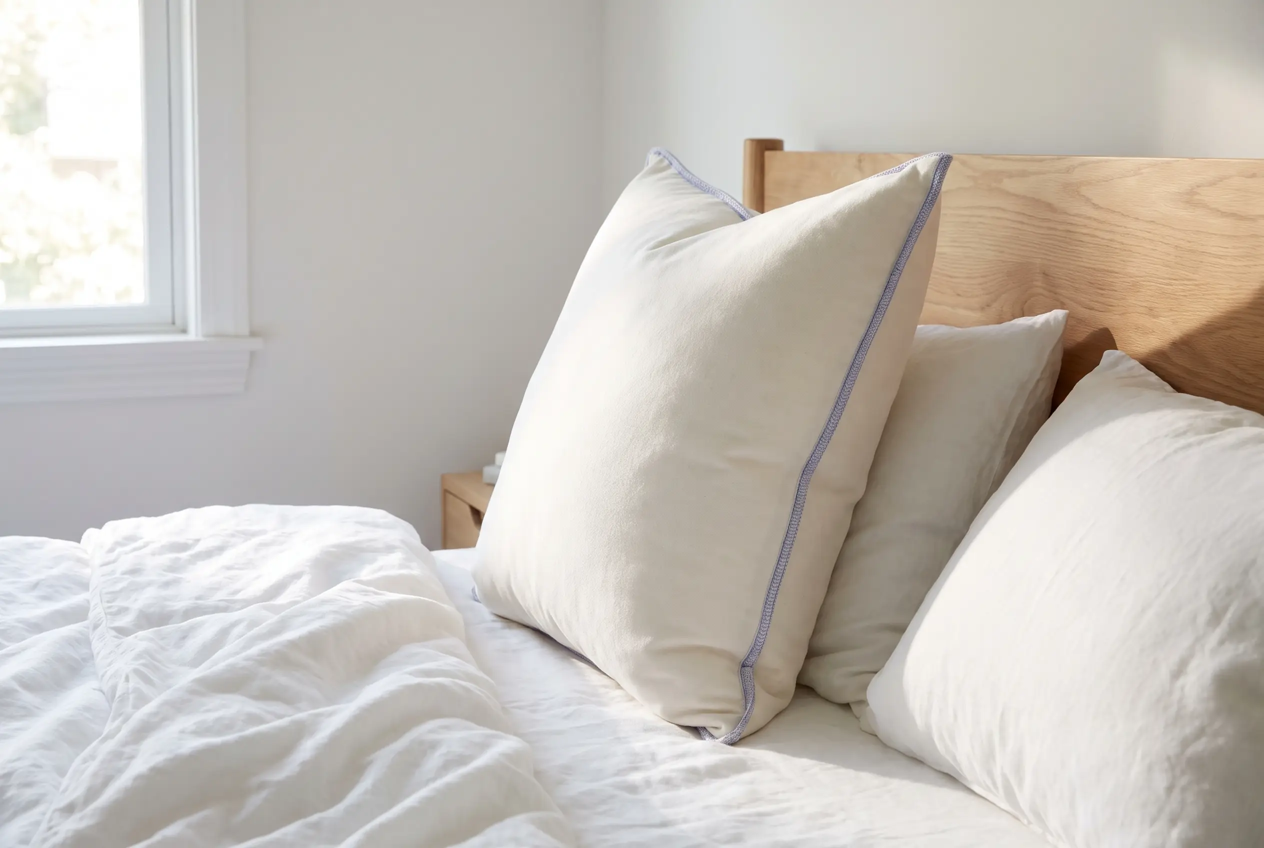 A supportive pillow standing against a headboard