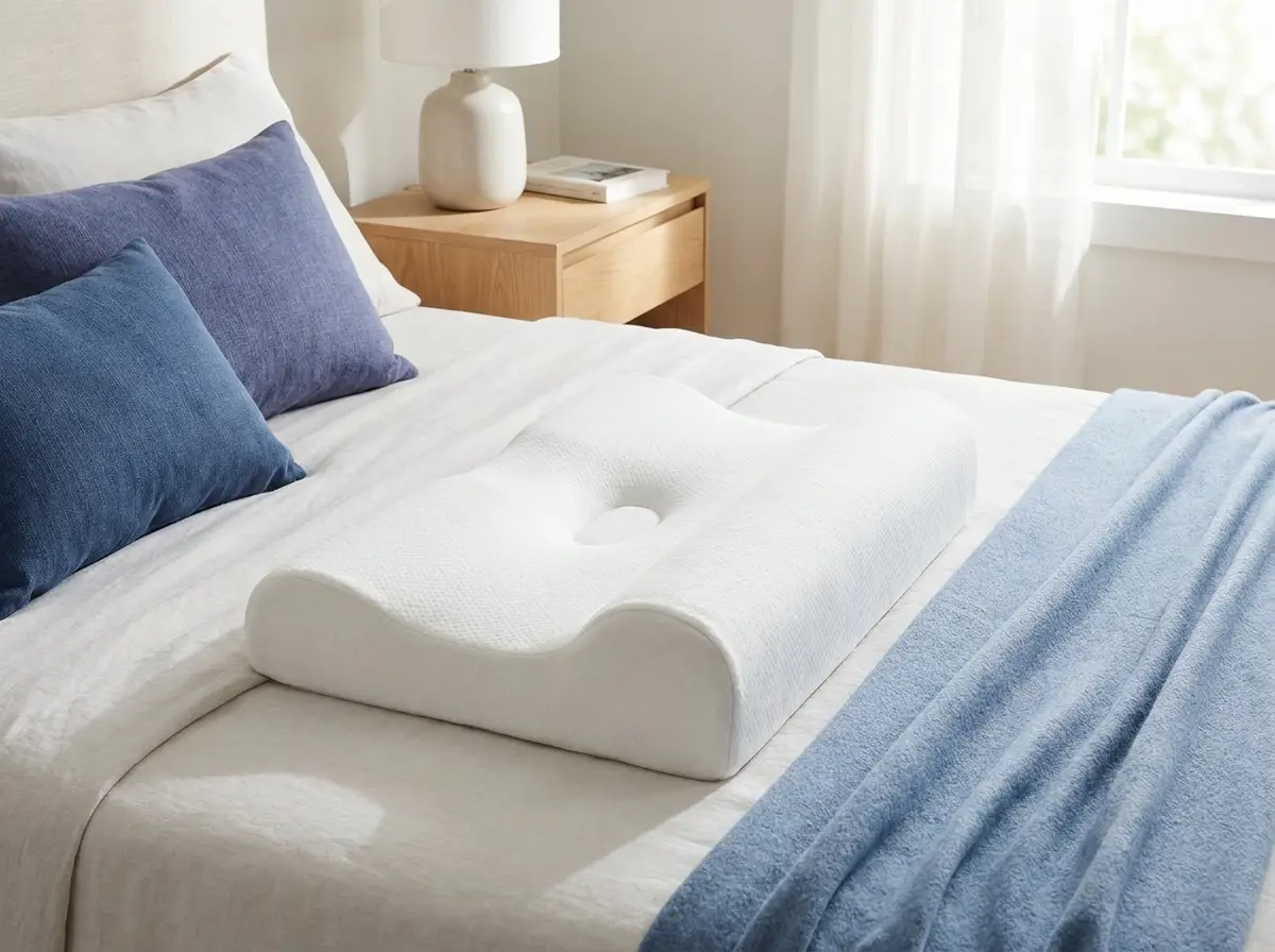 A supportive contour pillow with room for the neck and shoulder on a calm bed.